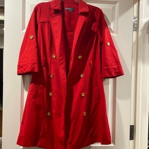 New Sharagano red mid size trench coat size 6p gold buttons belt